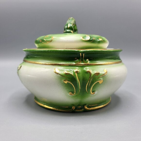 Vintage Ceramic Lidded Pot Jar Flower Frog Emerald Green Gold Accents Home Decor - Picture 3 of 11
